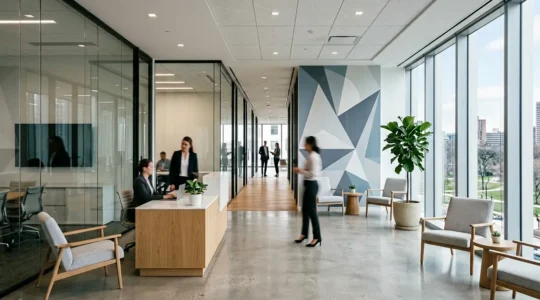 Vue intérieure d'un centre d'affaires moderne avec espaces de travail et détails administratifs