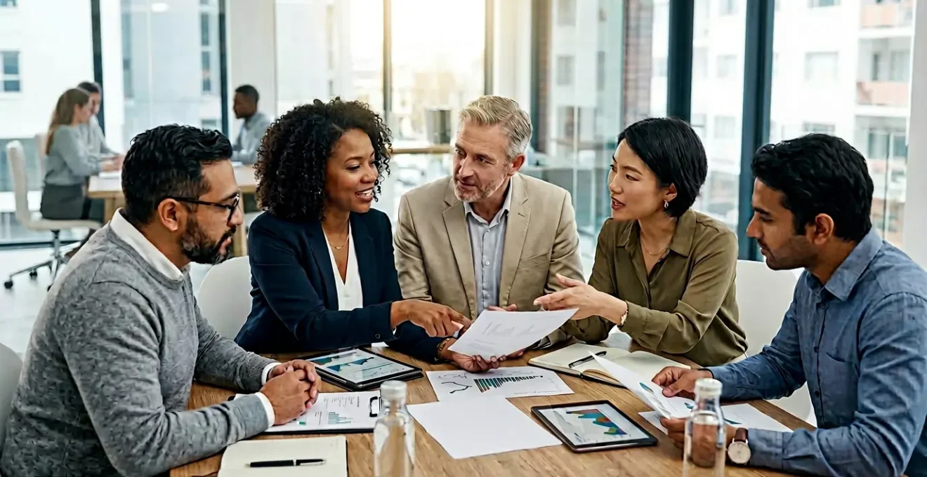 Groupe d'entrepreneurs autour d'une table de négociation examinant des contrats d'achats groupés