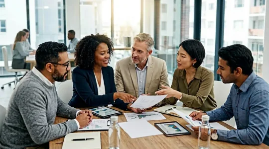 Groupe d'entrepreneurs autour d'une table de négociation examinant des contrats d'achats groupés