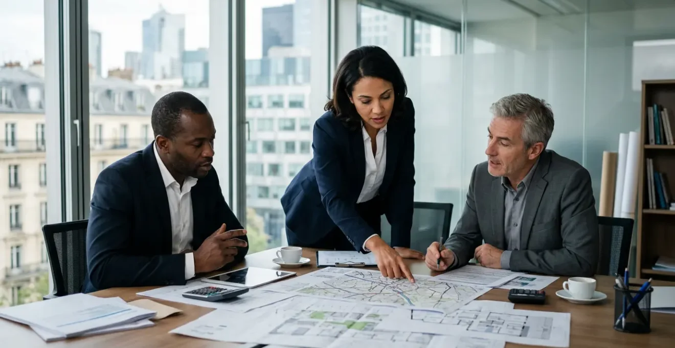 Réunion stratégique de dirigeants d'entreprises préparant une réponse commune à un appel d'offres public