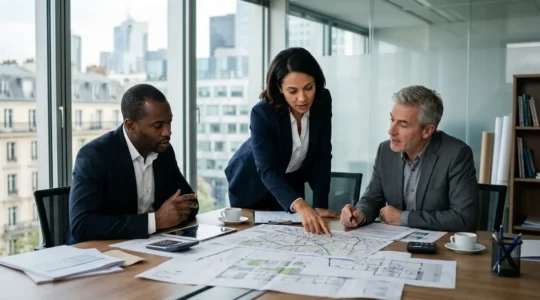 Réunion stratégique de dirigeants d'entreprises préparant une réponse commune à un appel d'offres public