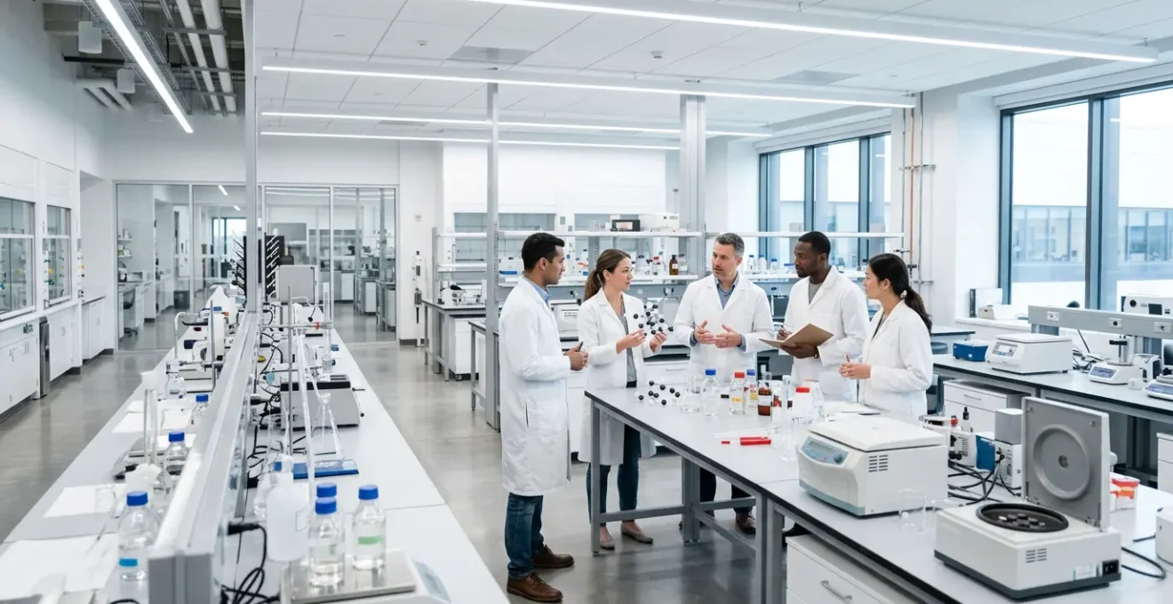 Vue d'un laboratoire de recherche moderne avec chercheurs travaillant sur le transfert de technologie