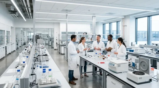 Vue d'un laboratoire de recherche moderne avec chercheurs travaillant sur le transfert de technologie