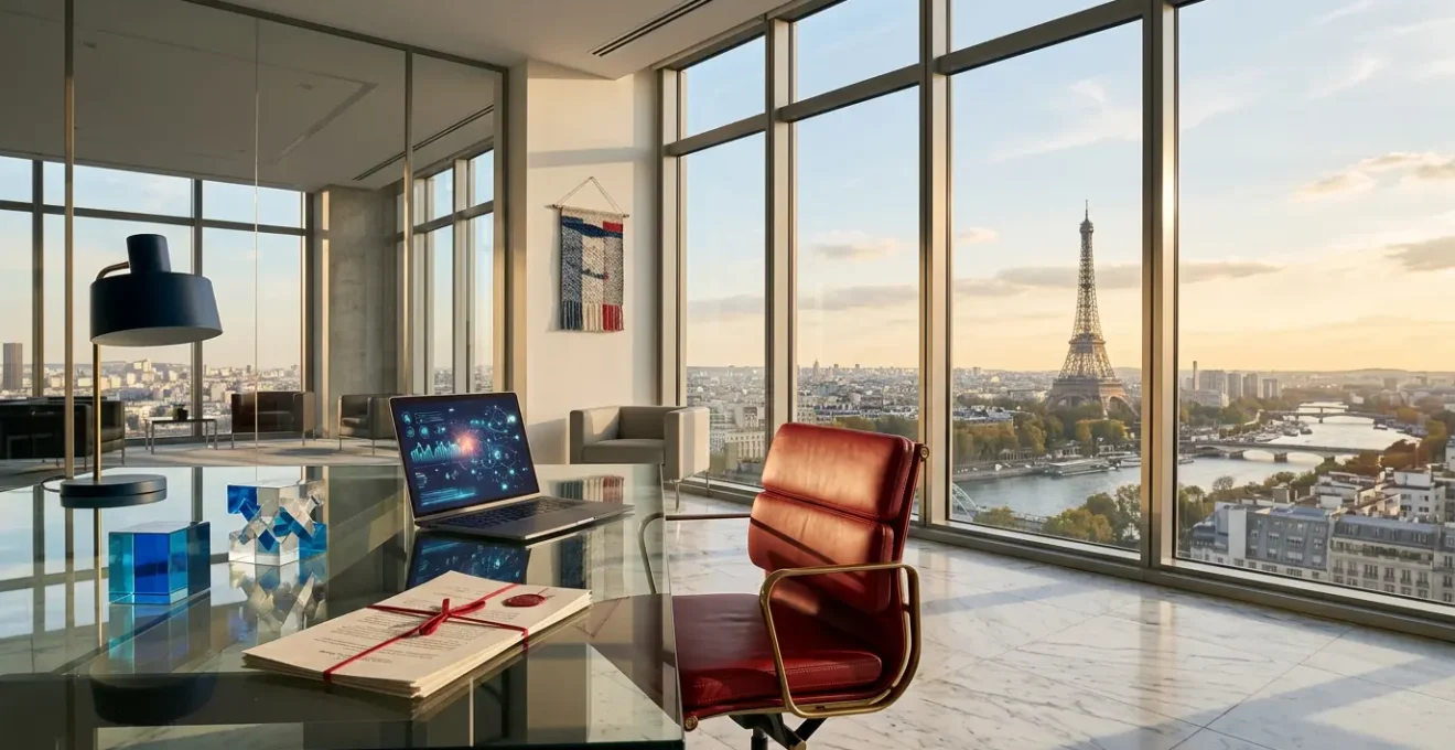 Vue d'ensemble d'un bureau moderne avec documents réglementaires, crypto-actifs symboliques et architecture parisienne en arrière-plan