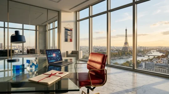 Vue d'ensemble d'un bureau moderne avec documents réglementaires, crypto-actifs symboliques et architecture parisienne en arrière-plan