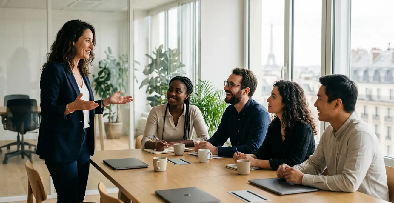 Manager en réunion collaborative avec son équipe dans un bureau moderne