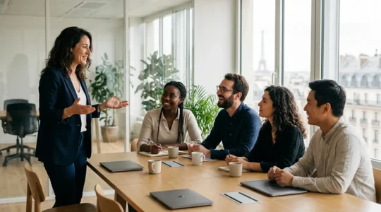 Manager en réunion collaborative avec son équipe dans un bureau moderne