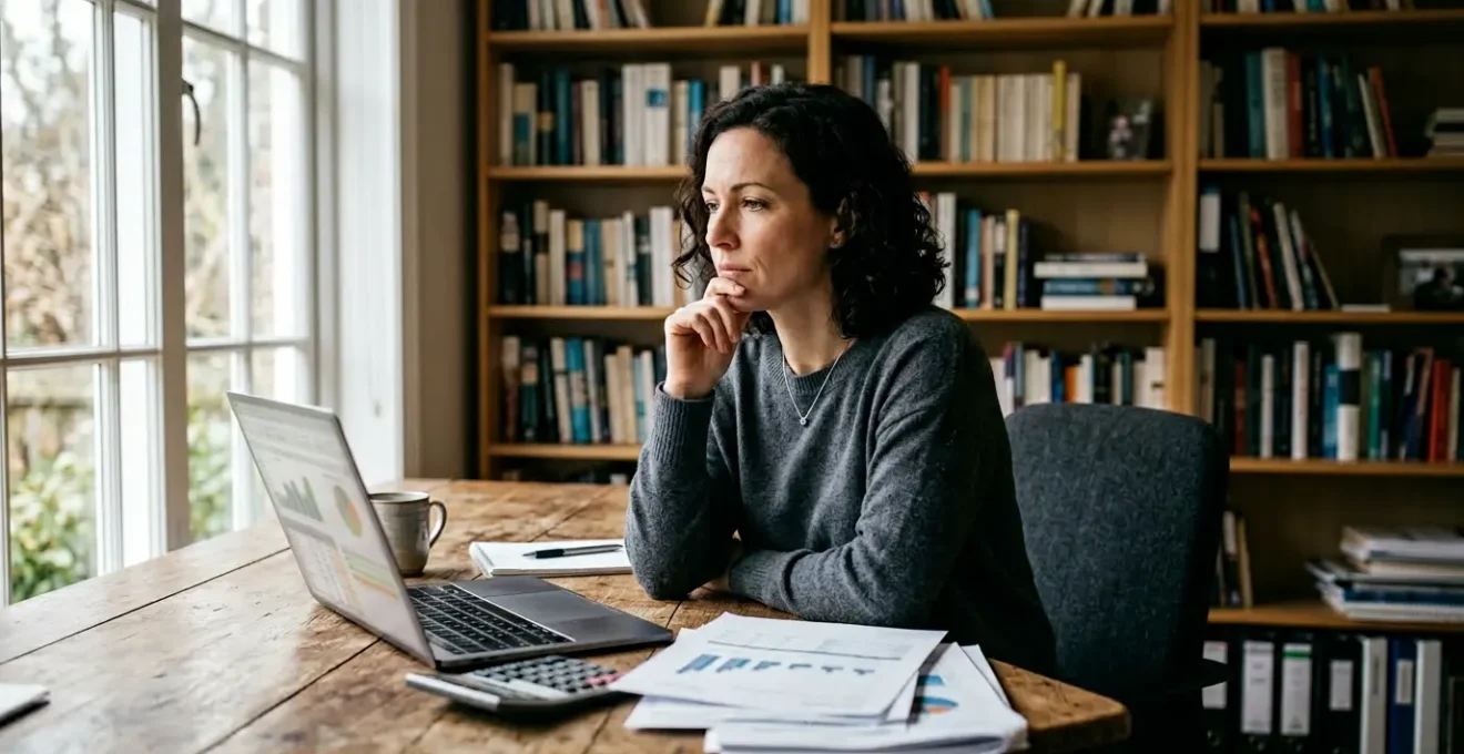 Entrepreneur analysant des documents financiers avec calculatrice et graphiques sur son bureau