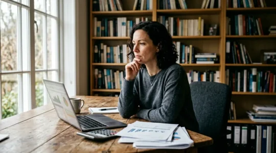 Entrepreneur analysant des documents financiers avec calculatrice et graphiques sur son bureau