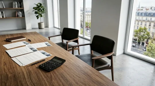 Espace de négociation professionnel avec documents financiers et calculatrice sur bureau en bois