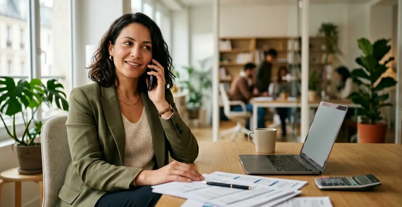Personne en conversation téléphonique professionnelle dans un bureau moderne avec documents financiers