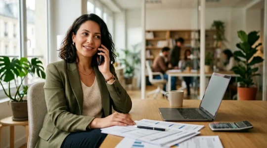Personne en conversation téléphonique professionnelle dans un bureau moderne avec documents financiers