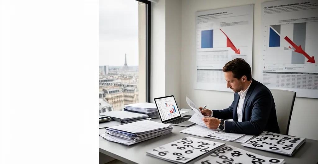 Bureau d'entrepreneur français analysant des documents fiscaux avec calculatrice et graphiques d'optimisation