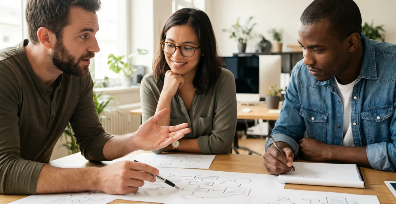 Fondateurs de startup en discussion autour d'une table lors de la négociation du pacte d'associés