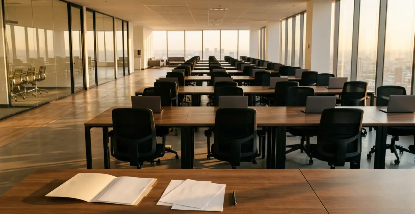 Bureau moderne vide avec écrans d'ordinateurs éteints et chaises vides, lumière naturelle dorée filtrant par les grandes fenêtres, symbolisant la difficulté de recrutement