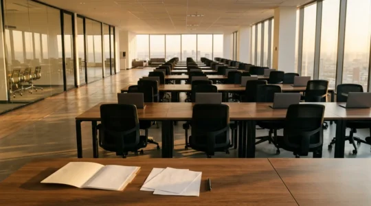 Bureau moderne vide avec écrans d'ordinateurs éteints et chaises vides, lumière naturelle dorée filtrant par les grandes fenêtres, symbolisant la difficulté de recrutement