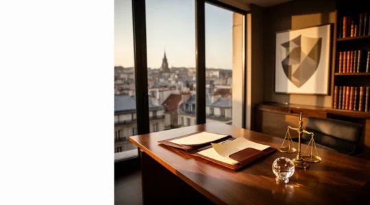 Bureau moderne avec documents juridiques et calculatrice représentant la protection patrimoniale de l'entrepreneur