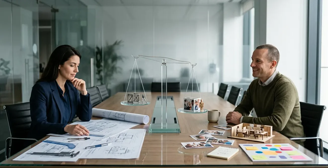 Une scène de bureau moderne montrant deux professionnels en discussion autour d'une table de réunion avec des documents éparpillés et une ambiance collaborative