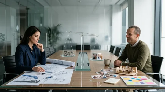 Une scène de bureau moderne montrant deux professionnels en discussion autour d'une table de réunion avec des documents éparpillés et une ambiance collaborative