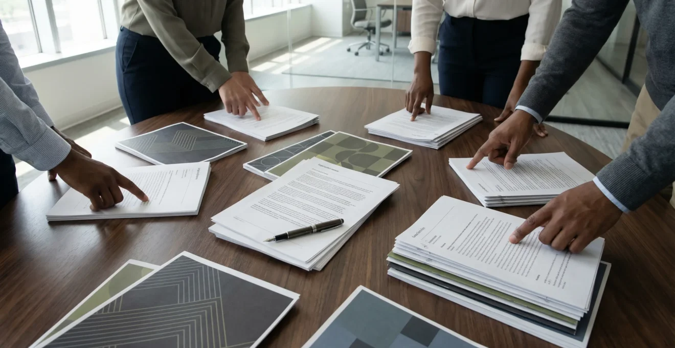Documents de statuts d'entreprise sur une table de travail moderne avec stylo et calculatrice