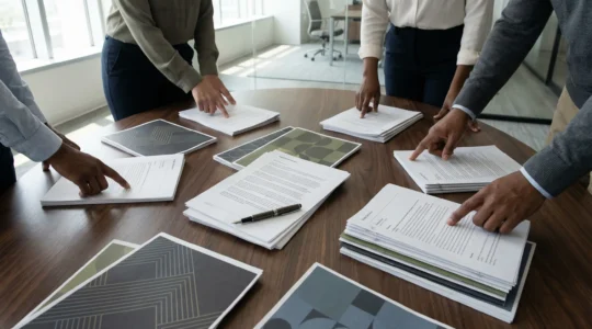 Documents de statuts d'entreprise sur une table de travail moderne avec stylo et calculatrice