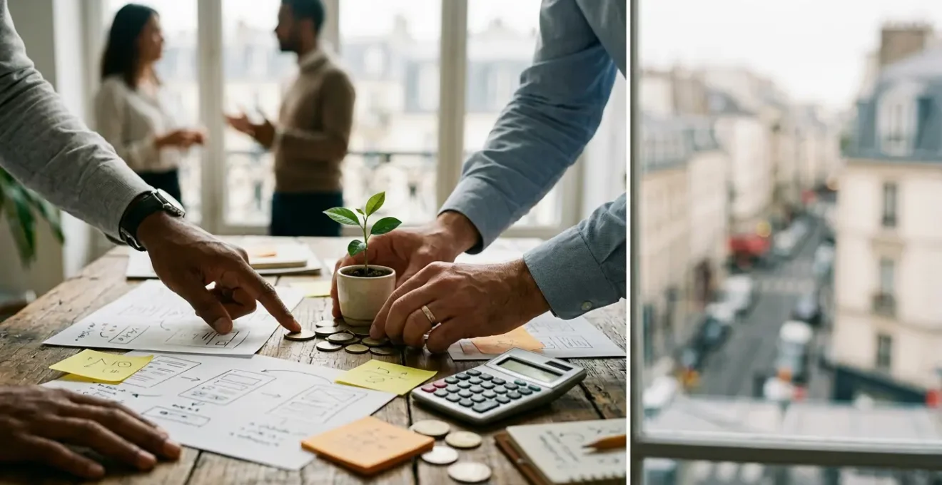 Entrepreneur analysant des données de marché sur un bureau moderne avec graphiques et prototypes