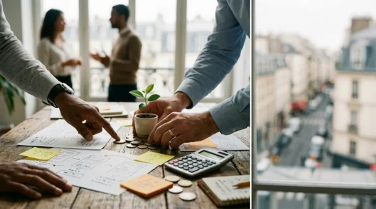 Entrepreneur analysant des données de marché sur un bureau moderne avec graphiques et prototypes