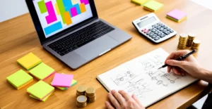 Entrepreneur analysant des données de validation MVP sur un bureau minimaliste avec des post-its et graphiques
