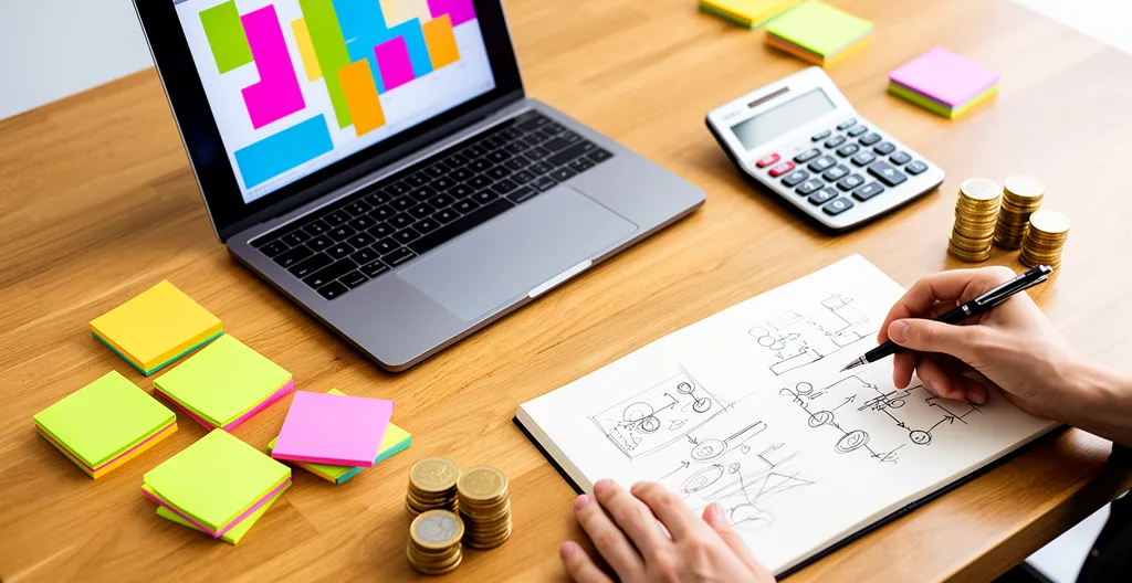 Entrepreneur analysant des données de validation MVP sur un bureau minimaliste avec des post-its et graphiques