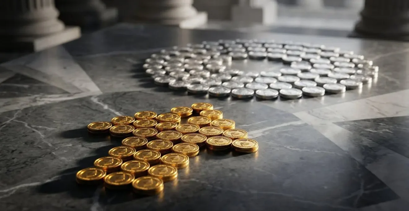 Représentation symbolique du mécanisme de vote multiple avec des jetons de vote dorés et argentés