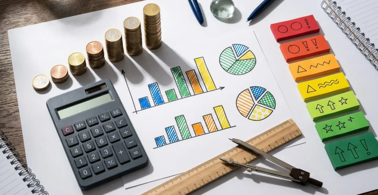 Bureau vu du dessus avec graphiques colorés, calculatrice et pièces euros organisées en colonnes
