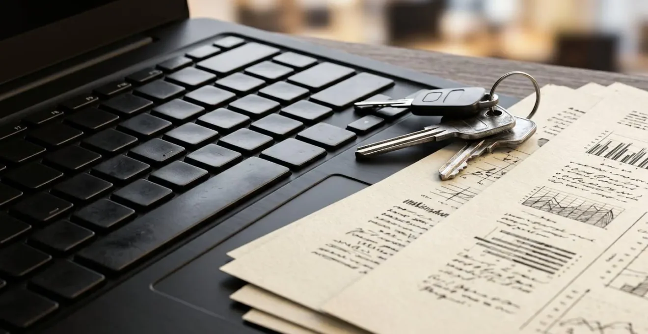 Matériel informatique et clés de véhicule sur un bureau avec documents d'évaluation pour apport en capital
