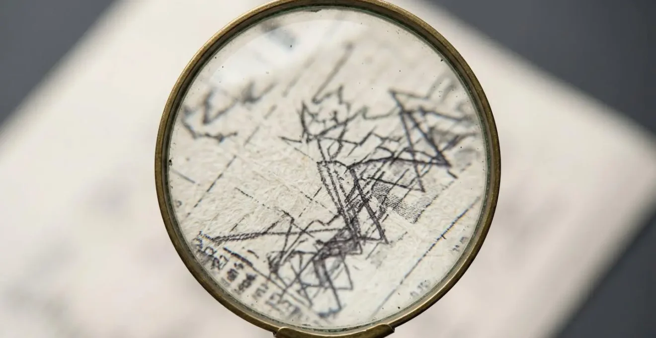 Vue macro d'une loupe sur des documents financiers aux motifs abstraits