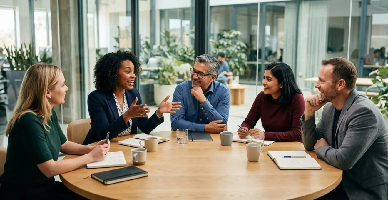 Groupe de dirigeants en discussion autour d'une table ronde dans un espace lumineux
