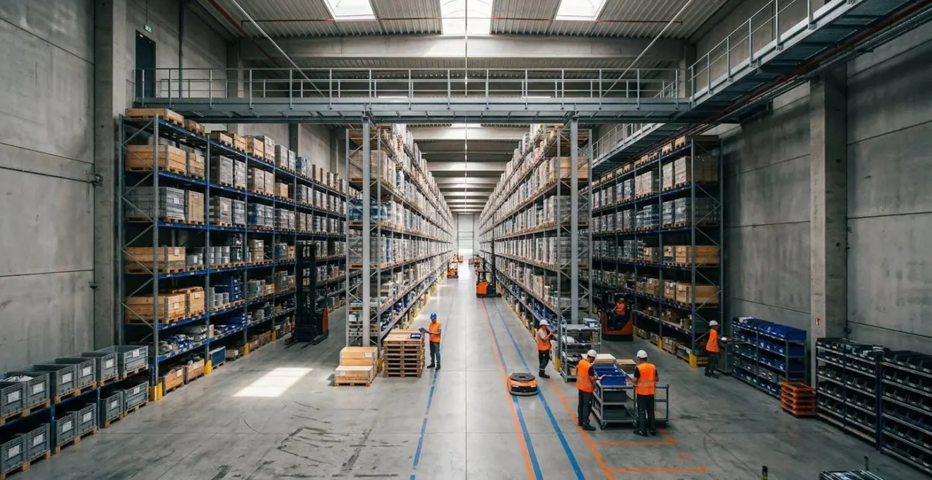 Vue d'ensemble d'un entrepôt logistique moderne avec rayonnages et flux de marchandises