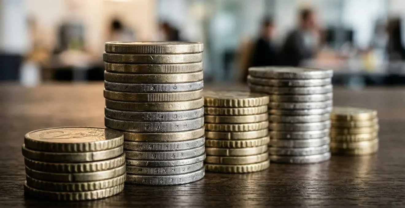 Pièces de monnaie empilées à différentes hauteurs, symbolisant les écarts de cotisations sociales entre EURL et SASU en France.