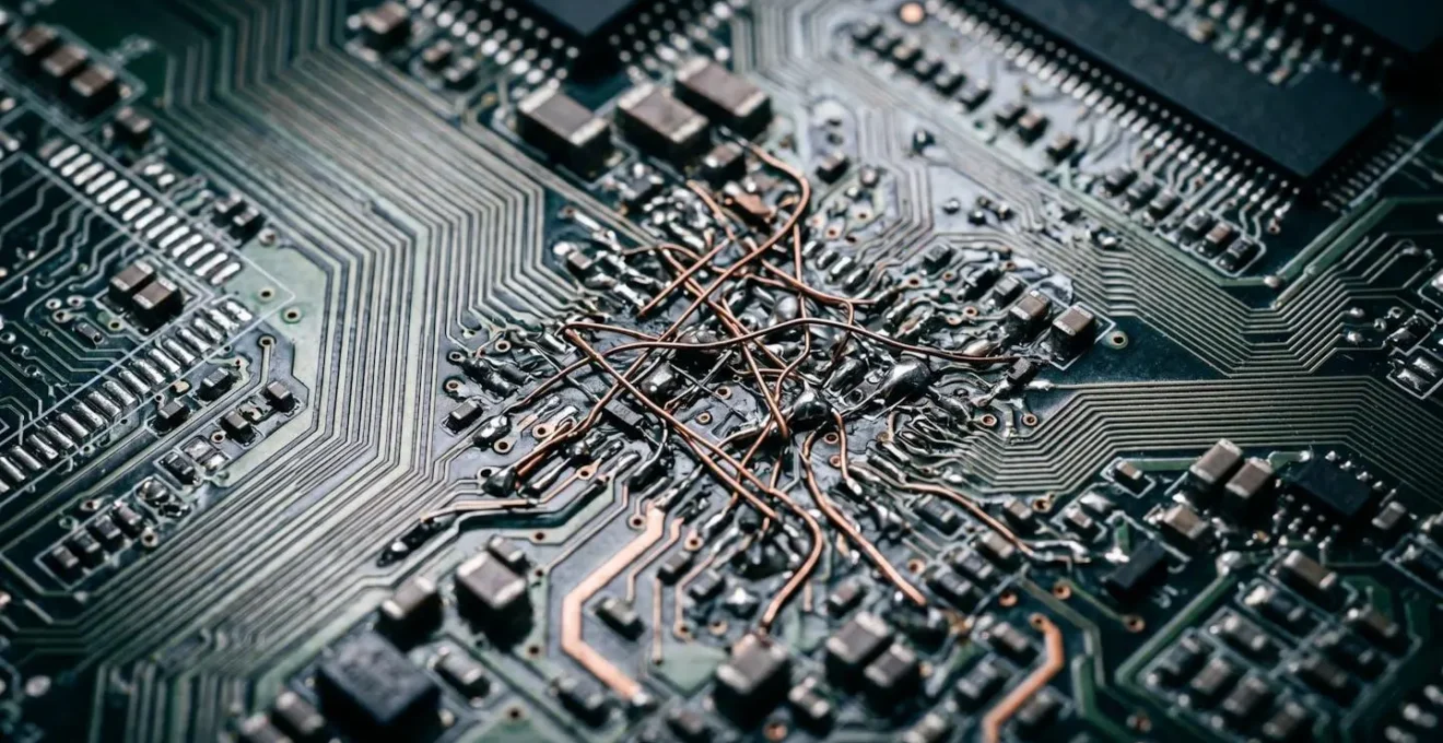 Vue macro d'une architecture de circuits imprimés montrant la complexité technique