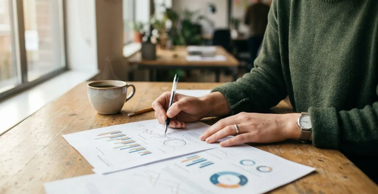 Personne travaillant sur stratégie multi-canal avec documents et café