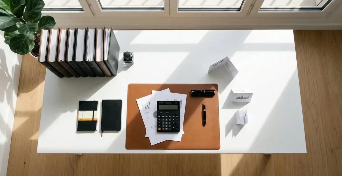 Bureau minimaliste avec des documents comptables bien organisés, symbolisant la gestion simplifiée d'une petite EURL.