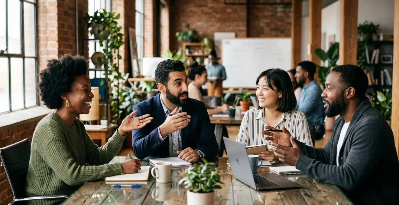 Espace de coworking moderne dans une pépinière d'entreprises française avec entrepreneurs en discussion
