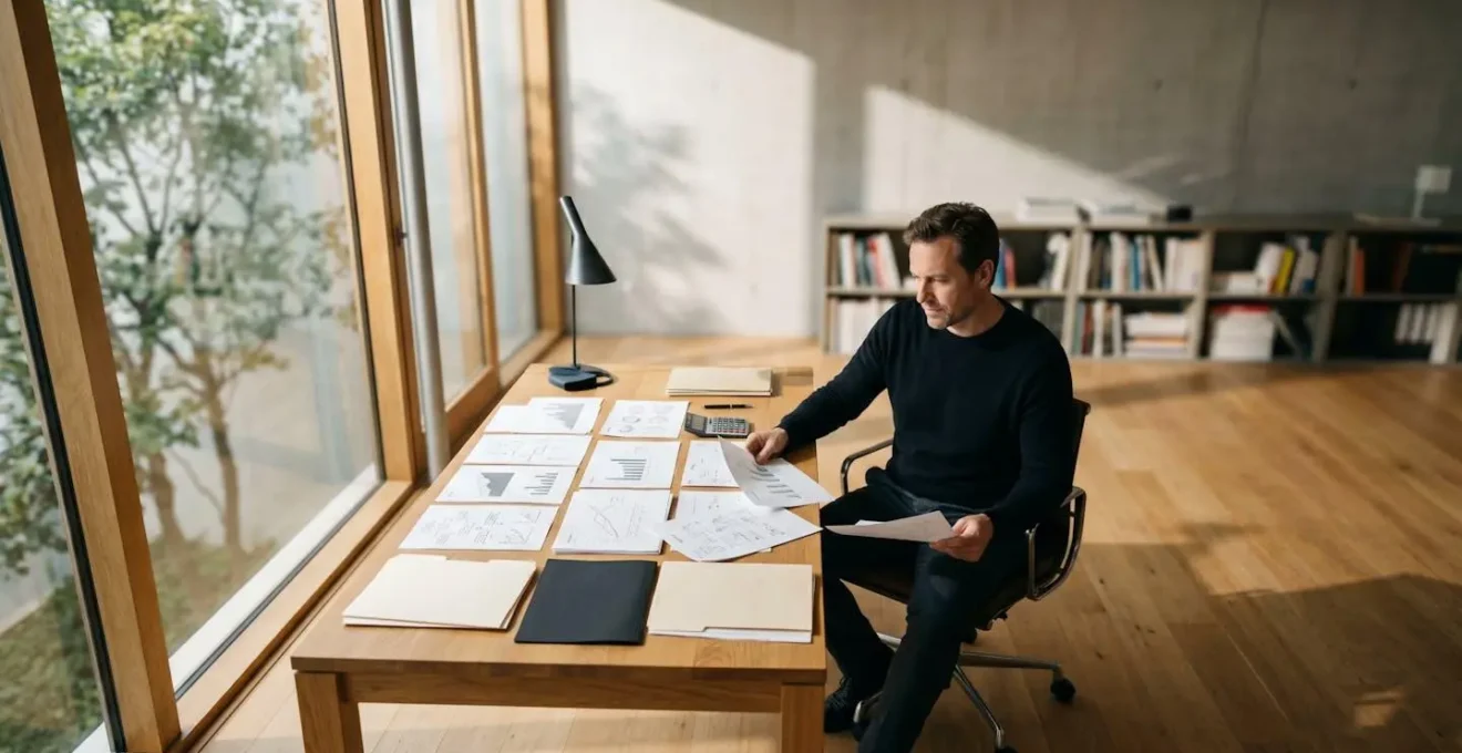 Entrepreneur analysant différentes options de financement participatif sur bureau avec documents financiers