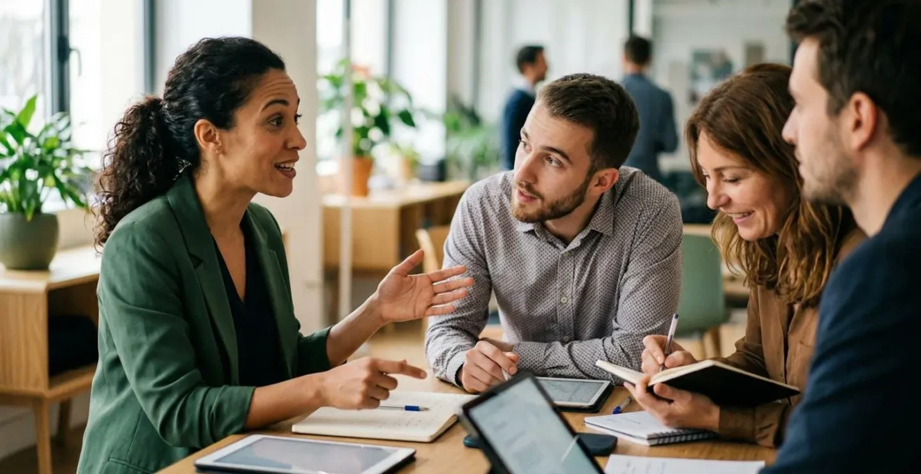 Groupe de commerciaux français en formation CRM avec formateur montrant des workflows sur écran interactif