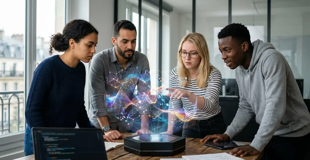 Équipe de développeurs travaillant sur des prototypes innovants dans un laboratoire numérique