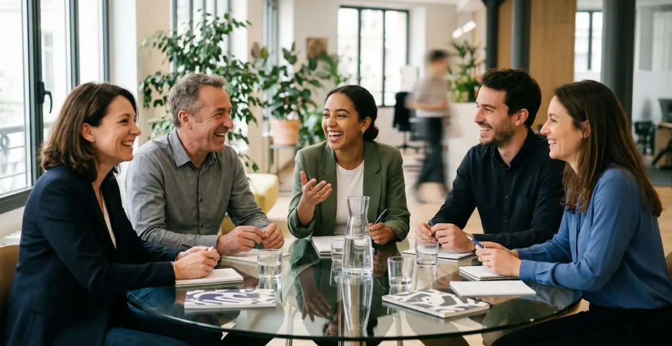 Équipe de PME française en réunion de croissance dans un espace collaboratif lumineux