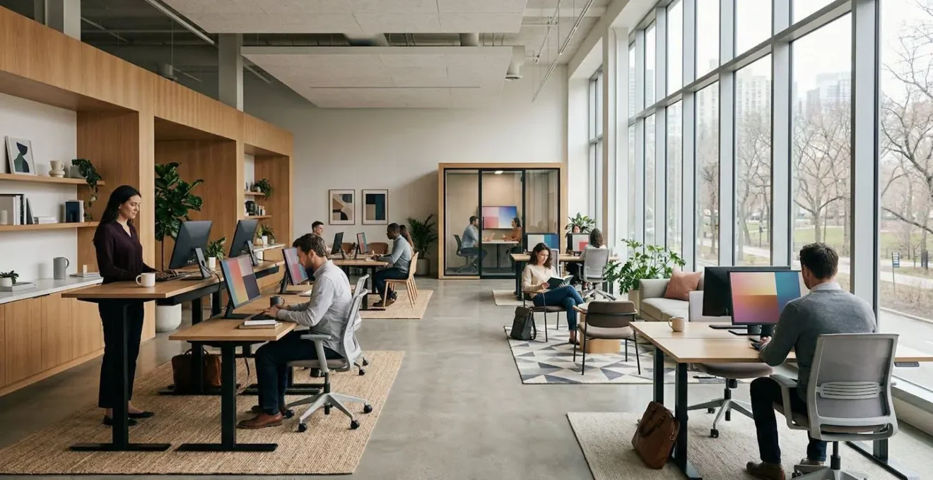 Espace de coworking moderne avec entrepreneurs travaillant dans différentes zones