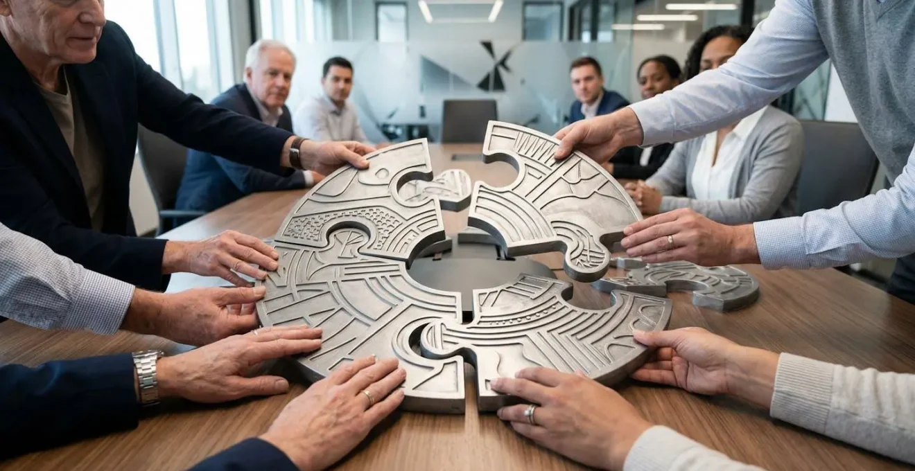 Mains d'équipe assemblant des pièces de puzzle métalliques représentant les compétences