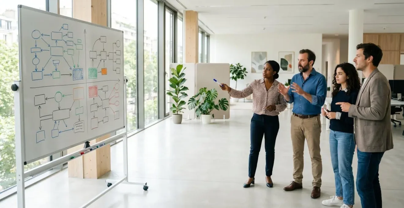 Équipe utilisant la matrice d'Eisenhower sur tableau blanc