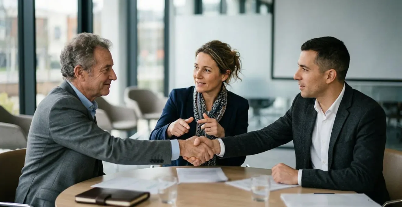 Médiateur facilitant une discussion entre deux entrepreneurs dans une salle de réunion moderne
