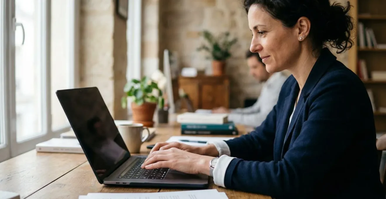 Professionnel utilisant la messagerie sécurisée des impôts sur un ordinateur portable vu de côté