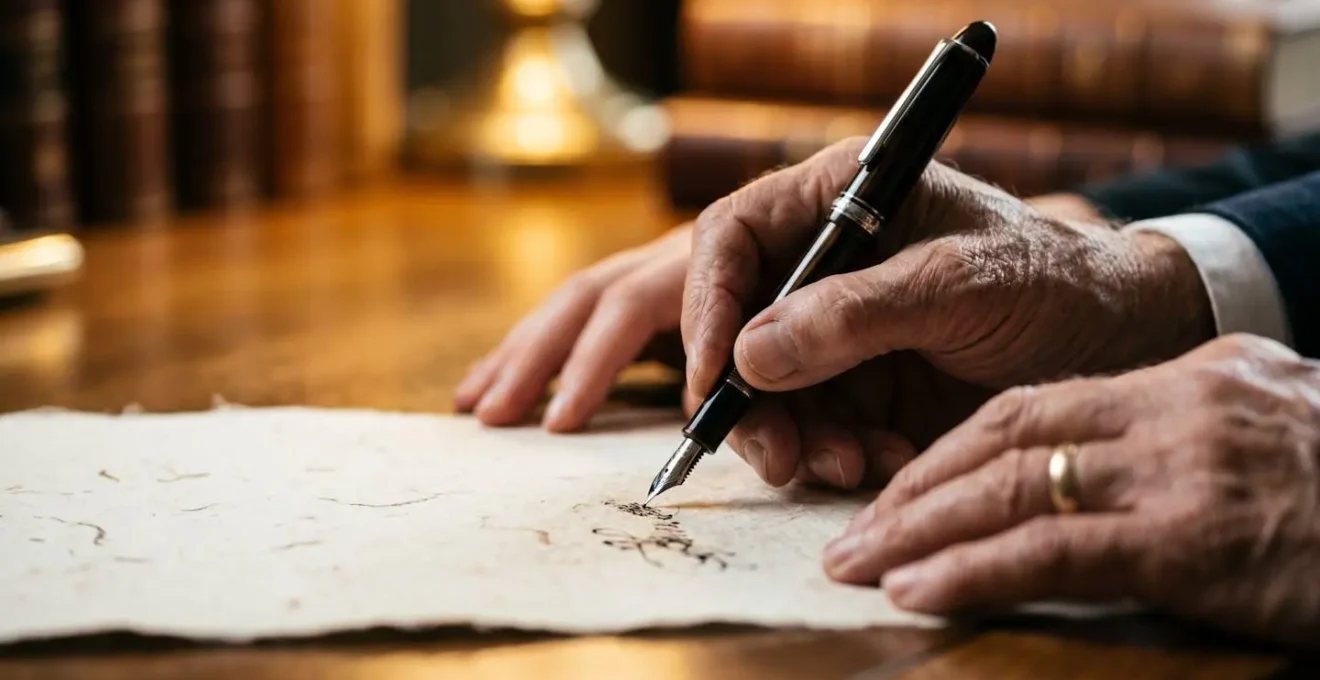 Signature d'un pacte d'associés avec focus sur les mains et le stylo plume